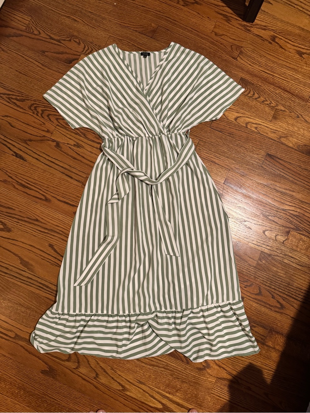Striped Wrap Midi Dress in Sage and White